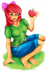 Size: 1280x1952 | Tagged: safe, artist:jennobasilicum, imported from derpibooru, apple bloom, human, apple bloom's bow, barefoot, belt, bow, breasts, busty apple bloom, clothes, deviantart watermark, feet, female, hair bow, humanized, obtrusive watermark, older, older apple bloom, shirt, short, simple background, solo, t-shirt, watermark, white background