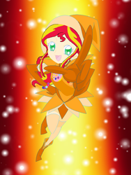 Size: 768x1024 | Tagged: safe, artist:magical-mama, artist:royaleanimequeen, imported from derpibooru, sunset shimmer, equestria girls, abstract background, boots, clothes, crossover, doremi, female, gloves, hat, looking at you, magical doremi, ojamajo doremi, open mouth, shoes, smiling, solo, witch, witch apprentice, witch costume, witch hat, witchling