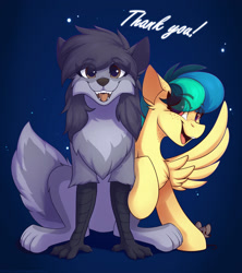 Size: 2000x2250 | Tagged: safe, artist:shadowreindeer, imported from derpibooru, oc, oc only, oc:apogee, oc:houston, oc:kate, mouse, original species, pegasus, pony, chest fluff, enfield, eye clipping through hair, female, filly, furry, gift art, looking at you, present, sitting, smiling, spread wings, wings