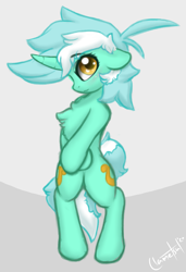 Size: 2409x3517 | Tagged: safe, artist:llametsul, imported from derpibooru, lyra heartstrings, pony, semi-anthro, unicorn, blushing, both cutie marks, chest fluff, crossed arms, cute, cutie mark, female, floppy ears, fluffy mane, horn, looking at you, lyrabetes, mare, pose, shy, signature, simple background, smiling, solo, standing