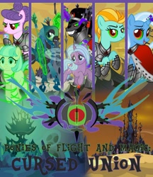 Size: 1024x1185 | Tagged: safe, artist:alphamonouryuuken, idw, imported from derpibooru, coco pommel, king sombra, lightning dust, queen chrysalis, radiant hope, suri polomare, trixie, fanfic, fanfic art, fanfic cover, female