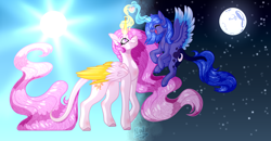 Size: 5980x3108 | Tagged: safe, artist:nexywhite, imported from derpibooru, princess celestia, princess luna, alicorn, colored wings, colored wingtips, day, eyes closed, female, filly, flying, glowing horn, happy, heart, horn, leonine tail, mare, moon, night, pink-mane celestia, royal sisters, signature, smiling, stars, sun, woona, younger