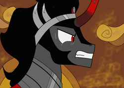 Size: 3800x2700 | Tagged: safe, artist:ksldrdpl, imported from derpibooru, king sombra, pony, unicorn, armor, bared teeth, crown, curved horn, horn, jewelry, male, red eyes, regalia, scowl, scowling, solo, wavy mane