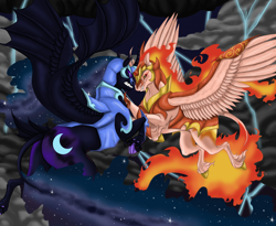 Size: 2220x1824 | Tagged: safe, artist:empressspacegoat, imported from derpibooru, daybreaker, nightmare moon, alicorn, a royal problem, armor, bat wings, cloud, cloven hooves, duo, ethereal mane, female, fight, flying, hybrid wings, leonine tail, lightning, mane of fire, night, scowl, sharp teeth, siblings, sisters, sky, spread wings, starry mane, stars, storm, teeth, unshorn fetlocks, wings