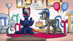 Size: 2560x1440 | Tagged: safe, artist:mysticalpha, imported from derpibooru, oc, oc only, oc:cloud zapper, pegasus, pony, balloon, birthday, birthday gift, cake, dialogue, exploitable meme, food, male, meme, present, stallion, text