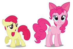 Size: 1920x1280 | Tagged: safe, artist:robzombiefan2121, imported from derpibooru, apple bloom, pinkie pie, earth pony, pony, accessory theft, apple bloom's bow, bow, duo, duo female, female, hair bow, simple background, transparent background