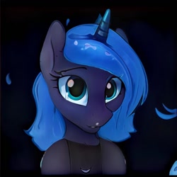 Size: 1024x1024 | Tagged: safe, artist:thisponydoesnotexist, imported from derpibooru, alicorn, semi-anthro, ai content, ai generated, bust, dark background, female, generator:thisponydoesnotexist, neural network, not luna, portrait, puppy dog eyes, short hair, simple background, solo