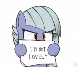 Size: 2779x2398 | Tagged: safe, artist:drawalaverr, imported from derpibooru, limestone pie, earth pony, pony, annoying, blatant lies, blushing, bronybait, cute, eye clipping through hair, fanart, female, high res, i'm not cute, limabetes, limetsun pie, mare, sign, simple background, solo, tsundere, white background