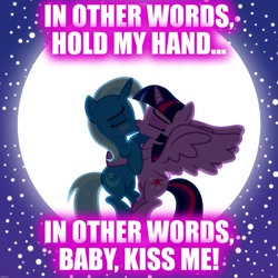 Size: 2000x2000 | Tagged: safe, artist:navitaserussirus, edit, imported from derpibooru, trixie, twilight sparkle, alicorn, female, fly me to the moon, frank sinatra, kissing, lesbian, moon, shipping, song reference, twilight sparkle (alicorn), twixie