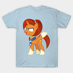 Size: 630x630 | Tagged: safe, imported from derpibooru, screencap, stellar flare, pony, the parent map, advertisement, clothes, coat markings, evil grin, grin, jewelry, necklace, raised hoof, shirt, smiling, socks (coat marking), socks (coat markings), t-shirt