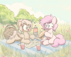 Size: 2560x2048 | Tagged: safe, artist:sugar morning, imported from derpibooru, oc, oc only, oc:kayla, oc:mary jane, earth pony, pegasus, pony, bag, cloud, commission, cottagecore, couple, cute, eating, female, flower, food, grass, herbivore, kayry, lesbian, map, mare, oc x oc, picnic, plastic cup, prone, scenery, shipping, sketch, sky, soda, subway, tree