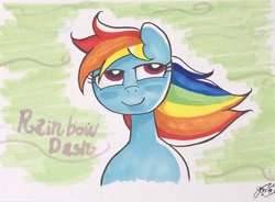 Size: 2048x1506 | Tagged: safe, artist:garammasara, imported from derpibooru, rainbow dash, pony, bust, smiling, solo, traditional art, windswept mane