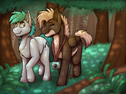 Size: 1366x1024 | Tagged: safe, artist:sursiq, imported from derpibooru, oc, oc only, oc:moose tracks, earth pony, pegasus, pony, blue, brown, camera, closed mouth, commission, cute, dappled sunlight, eyes closed, full body, oc x oc, open mouth, scenery, shipping, walking, wholesome, yellow eyes