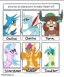 Size: 1080x1295 | Tagged: safe, artist:gallus_young6, imported from derpibooru, gallus, ocellus, sandbar, silverstream, smolder, yona, changedling, changeling, classical hippogriff, dragon, earth pony, griffon, hippogriff, pony, yak, six fanarts, bust, dragoness, female, jewelry, male, necklace, student six, wide eyes