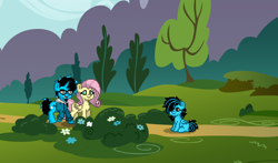 Size: 1700x1000 | Tagged: safe, artist:band sickle, artist:bandwidth, imported from derpibooru, fluttershy, oc, oc:bandwidth, oc:blue tee, pegasus, pony, pony town, backdrop, canon x oc, female, filly, forest, male, mare, parent, pony town sprite, scenery, sitting, stallion, trail, trotting, walking