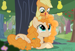 Size: 6299x4331 | Tagged: safe, artist:mrkat7214, imported from derpibooru, applejack, pear butter, earth pony, pony, absurd resolution, apple, apple tree, cute, duo, female, filly, filly applejack, food, jackabetes, looking at each other, mother and child, mother and daughter, pear, pear tree, pearabetes, prone, show accurate, sitting on head, tree, vector, younger