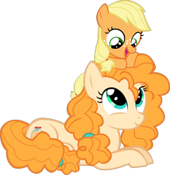 Size: 8625x8915 | Tagged: safe, artist:mrkat7214, imported from derpibooru, applejack, pear butter, earth pony, pony, absurd resolution, cute, duo, female, filly, filly applejack, jackabetes, looking at each other, mother and child, mother and daughter, pearabetes, prone, simple background, sitting on head, transparent background, vector, younger