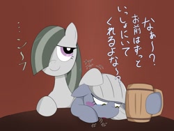 Size: 1600x1200 | Tagged: safe, artist:garammasara, imported from derpibooru, limestone pie, marble pie, earth pony, pony, blushing, crying, drunk, duo, female, head pat, japanese, mare, mug, pat, sad, siblings, sisters, translated in the comments, translation request