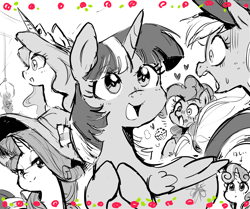 Size: 1760x1470 | Tagged: safe, artist:fuyugi, artist:nendo, imported from derpibooru, applejack, pinkie pie, princess celestia, rarity, sweetie belle, twilight sparkle, alicorn, earth pony, pony, unicorn, my little pony: the manga, cowboy hat, cupcake, cute, female, filly, food, hat, heart, japanese, mare, monochrome, muffin, pixiv, toy, twilight sparkle (alicorn)