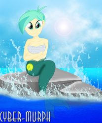 Size: 1856x2240 | Tagged: safe, artist:cyber-murph, imported from derpibooru, tennis match, mermaid, series:cyber-murph's mermaids, equestria girls, equestria girls series, background human, bandeau, belly, belly button, crossed arms, mermaidized, midriff, ocean, rock, scales, short hair, signature, sitting, species swap