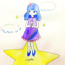 Size: 2048x2048 | Tagged: safe, artist:egoistic_sayoko, imported from derpibooru, twilight sparkle, human, alternate eye color, clothes, cloud, dress, female, horn, humanized, shoes, solo, stars