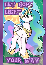 Size: 1500x2100 | Tagged: safe, artist:riverfox237, imported from derpibooru, princess celestia, alicorn, pony, celestia redux, crown, female, hoof shoes, jewelry, positive ponies, postcard, regalia, solo