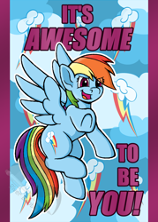 Size: 1500x2100 | Tagged: safe, artist:riverfox237, imported from derpibooru, rainbow dash, pegasus, pony, cutie mark, female, open mouth, pointing, postcard, solo