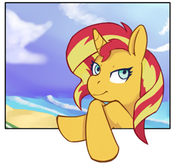 Size: 993x940 | Tagged: safe, artist:wild-thunder06, imported from derpibooru, sunset shimmer, pony, unicorn, beach, female, looking at you, solo, waiting