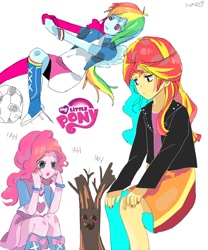 Size: 1000x1200 | Tagged: safe, artist:nerumamoru, imported from derpibooru, pinkie pie, rainbow dash, sunset shimmer, equestria girls, anime, football, laughter song, sports, surprised, tree