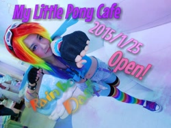 Size: 1024x768 | Tagged: safe, artist:bunnyoxo, imported from derpibooru, rainbow dash, human, 2015, clothes, converse, cosplay, costume, irl, irl human, japanese, my little pony cafe, photo, shoes, wings