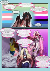 Size: 3472x4911 | Tagged: safe, artist:blackblood-queen, imported from derpibooru, oc, oc:brigadeiro drizzle, oc:dusk flame, oc:lady lovegreen, anthro, dracony, dragon, hybrid, pegasus, pony, unguligrade anthro, comic:be there, anthro oc, clothes, comic, crossdressing, dialogue, digital art, drag queen, dress, female, genderfluid, hair over one eye, lipstick, microphone, pegasus oc, singing, speech bubble, wings