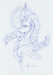 Size: 1103x1551 | Tagged: safe, artist:longinius, imported from derpibooru, rain shine, kirin, bust, curly mane, eyelashes, female, frown, horn, horn jewelry, jewelry, looking at you, makeup, portrait, profile, regalia, simple background, solo, striped horn, text, traditional art