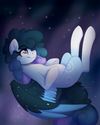 Size: 2000x2500 | Tagged: safe, artist:dreamy, artist:lionbun, artist:littledreamycat, imported from derpibooru, oc, oc:stellar constellation, pegasus, belly, commission, ethereal mane, flying, hoof on belly, night, night sky, nightsky, pregnant, starry mane, thinking, two toned wings, wings