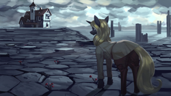 Size: 1920x1080 | Tagged: safe, artist:nsilverdraws, imported from derpibooru, oc, oc only, oc:vuren sundown, horse, pony, unicorn, clothes, detailed background, female, flower, horn, house, mare, rose, solo, stone, sundown clan