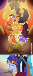 Size: 2400x5570 | Tagged: safe, artist:snakeythingy, edit, edited screencap, imported from derpibooru, screencap, hoo'far, saffron masala, road to friendship, belly dancer, belly dancer outfit, bipedal, dancer, female, harem outfit, looking at you, male, one eye closed, robes, saf'far, shipping, straight, the tasty treat, wink, winking at you