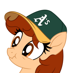 Size: 3583x3589 | Tagged: safe, artist:rioshi, artist:starshade, imported from derpibooru, oc, oc only, oc:vanilla creame, pegasus, pony, alcohol, baseball cap, beer, cap, curious, hat, oakland athletics, shadow, simple background, solo