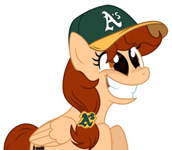 Size: 2201x1930 | Tagged: safe, artist:rioshi, artist:starshade, imported from derpibooru, oc, oc only, oc:vanilla creame, pegasus, pony, alcohol, baseball cap, beer, cap, curious, hat, oakland athletics, shadow, simple background, solo