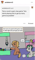 Size: 738x1246 | Tagged: safe, artist:ask-luciavampire, imported from derpibooru, oc, dracony, dragon, earth pony, hybrid, pony, tumblr:ask-the-pony-gamers, ask, claw machine, tumblr