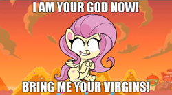 Size: 918x512 | Tagged: safe, edit, edited screencap, imported from derpibooru, screencap, fluttershy, pegasus, pony, .mov, dress.mov, death of a sales-pony, my little pony: pony life, spoiler:pony life s01e08, bits, caption, female, g4.5, gemstones, giant pony, giantess, giantshy, grin, i am your god now bring me your virgins, image macro, insanity, macro, mare, meme, money, obsession, rubbing hooves, smiling, text, treehouse logo