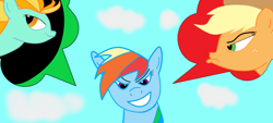 Size: 4000x1801 | Tagged: safe, artist:ksldrdpl, imported from derpibooru, applejack, lightning dust, rainbow dash, earth pony, pegasus, cowboy hat, eyebrows, eyelashes, female, hat, pouty lips, sky, smiling, smirk, stetson