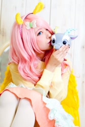 Size: 533x800 | Tagged: safe, artist:don_ttir, imported from derpibooru, discord, fluttershy, human, butterfly hairpin, clothes, cosplay, costume, funko pop!, hairpin, irl, irl human, photo, pony ears