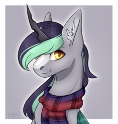 Size: 1929x2039 | Tagged: safe, artist:chrystal_company, imported from derpibooru, oc, oc only, pony, bust, clothes, disguise, disguised changeling, ear fluff, horn, scarf, smiling, solo, wings