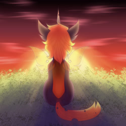 Size: 3300x3300 | Tagged: safe, artist:tuzz-arts, imported from derpibooru, oc, oc only, oc:armber, changeling, changeling oc, facing away, female, orange changeling, simple background, sitting, solo, sunset