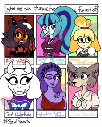 Size: 1000x1250 | Tagged: safe, artist:carla_zgomg15, imported from derpibooru, sonata dusk, anthro, demon, dog, goat, human, imp, wolf, six fanarts, equestria girls, animal crossing, aphrodite, beastars, bust, clothes, crossover, goddess, grin, helluva boss, isabelle, juno (beastars), millie (helluva boss), millie knolastname, one eye closed, peace sign, smiling, toriel, undertale, wink