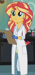 Size: 272x571 | Tagged: safe, imported from derpibooru, screencap, sunset shimmer, equestria girls, friendship games, the science of magic, clothes, cropped, cute, female, gloves, lab coat, medical gloves, rubber gloves, shimmerbetes, solo, sunset the science gal