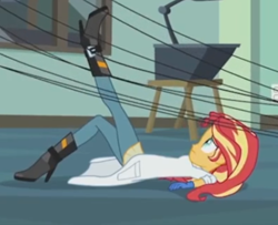 Size: 424x344 | Tagged: safe, imported from derpibooru, screencap, sunset shimmer, equestria girls, friendship games, the science of magic, cropped, female, gloves, legs, medical gloves, rubber gloves, solo, sunset the science gal, tangled up