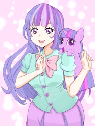 Size: 1536x2048 | Tagged: safe, artist:myon2631, imported from derpibooru, twilight sparkle, human, pony, unicorn, equestria girls, anime, cute, digital art, human ponidox, humanized, self ponidox, shoulder pony, twiabetes