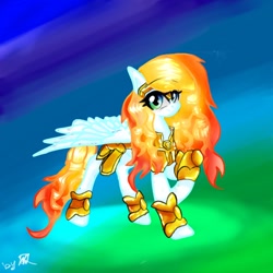 Size: 1024x1024 | Tagged: safe, artist:kiwwsplash, imported from derpibooru, oc, oc only, pegasus, pony, abstract background, armor, pegasus oc, raised hoof, signature, solo, wings