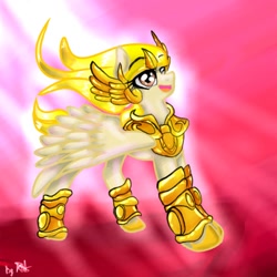 Size: 1024x1024 | Tagged: safe, artist:kiwwsplash, imported from derpibooru, oc, oc only, pegasus, pony, abstract background, armor, hoof shoes, open mouth, pegasus oc, smiling, solo, windswept mane, wings