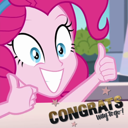 Size: 1080x1080 | Tagged: safe, edit, imported from derpibooru, pinkie pie, equestria girls, congratulations, happy, meme, reaction image, smiley face, smiling